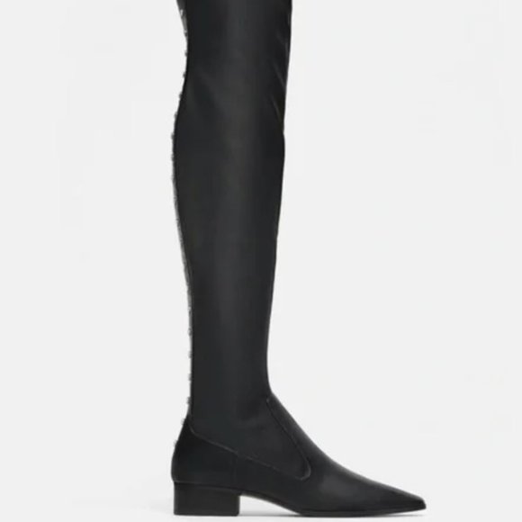 Zara Thigh High Studded Faux Leather Boots Black Low Heel - Picture 6 of 6